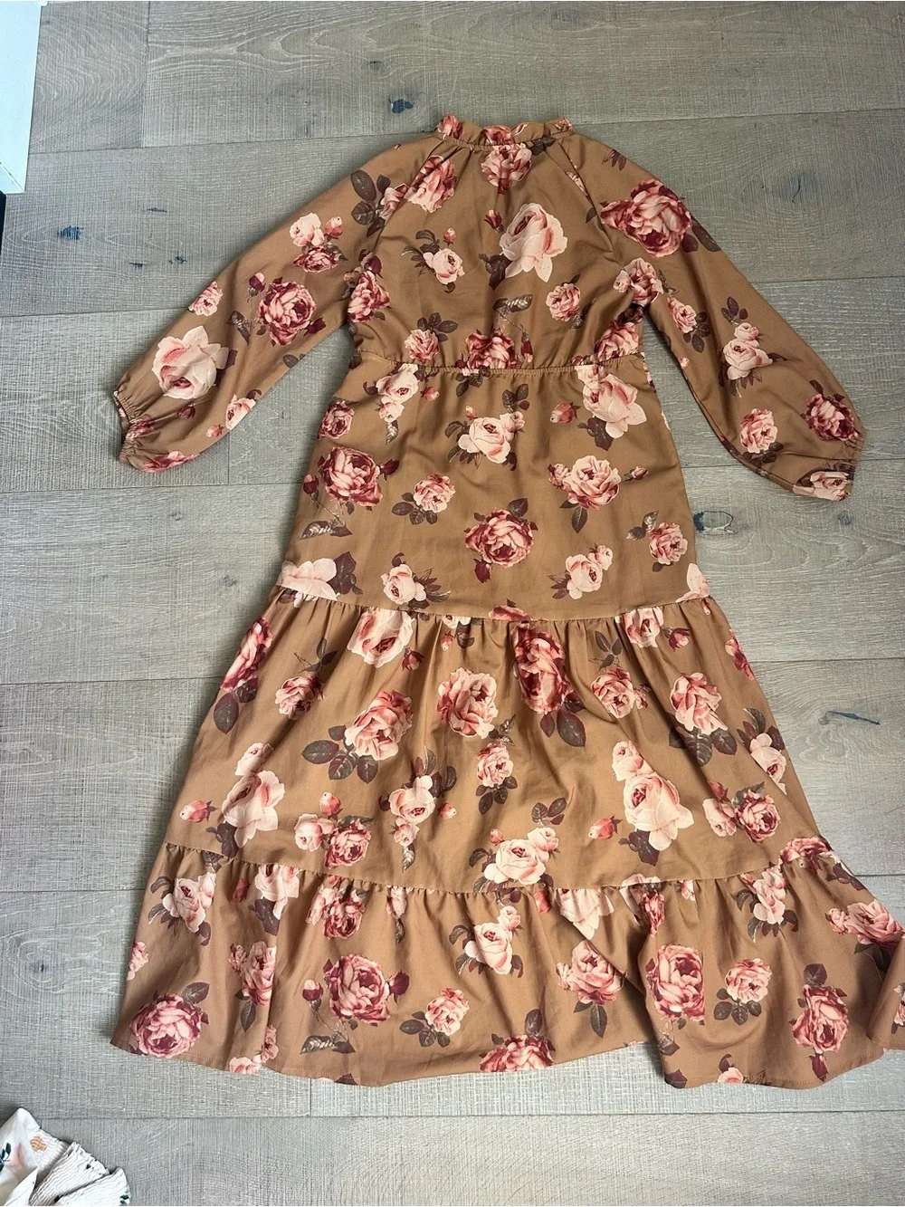 Joyfolie Brown Floral Tie-Neck Maxi Dress with Pink Roses